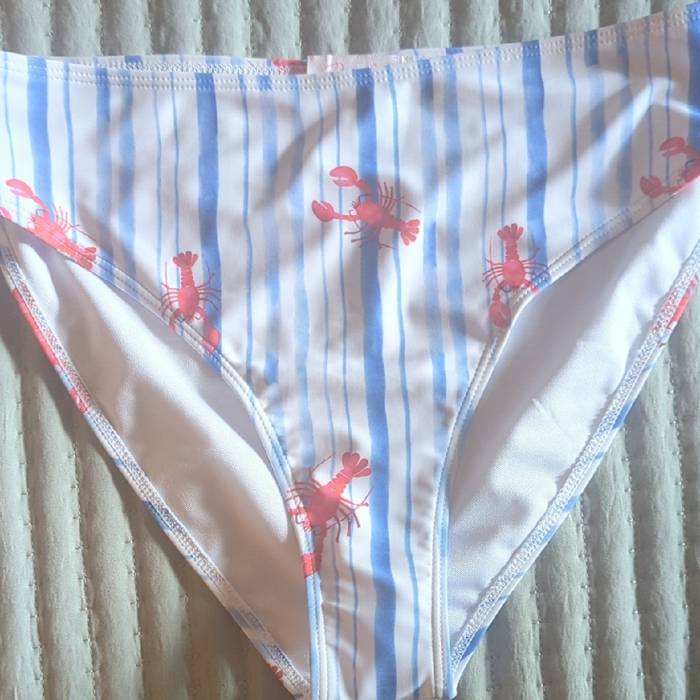 Pink Lily Blue & White Striped Bikini Bottom with Pink Lobster Print